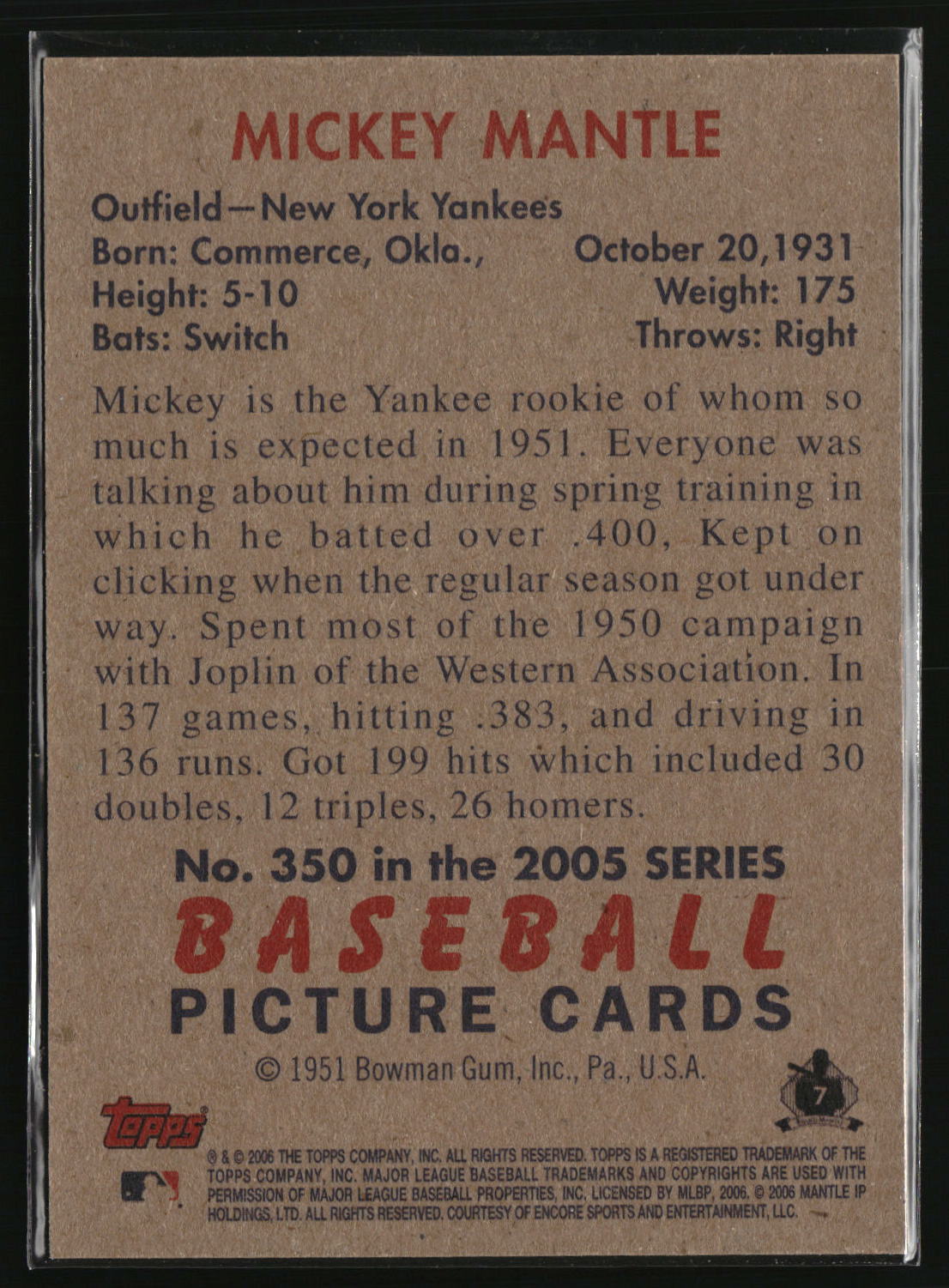 Mickey Mantle 2005 Bowman Heritage #350