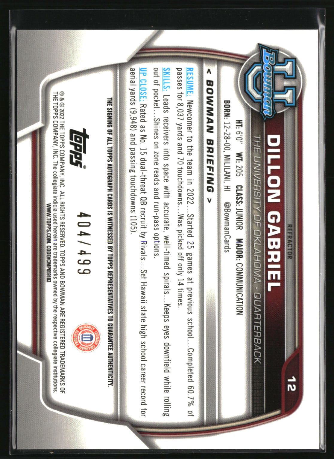 Dillon Gabriel 2022 Bowman U Chrome Prospect Autographs Refractor #12 #/499