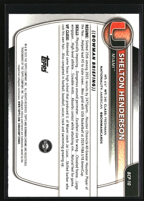 Shelton Henderson 2025-26 Bowman Chrome Prospects Reptilian Refractor #BCP-10