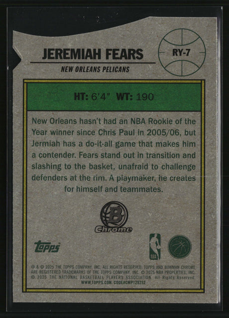 Jeremiah Fears 2025-26 Bowman Rookie Of The Year Favorites #RY-7