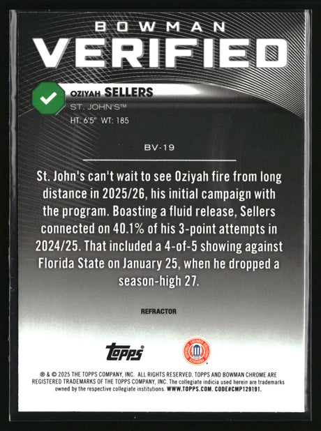 Oziyah Sellers 2025-26 Bowman Bowman Verified Refractor #BV-19
