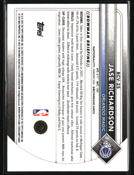 Jase Richardson 2025-26 Bowman Chrome Reptilian Refractor #BCV-25
