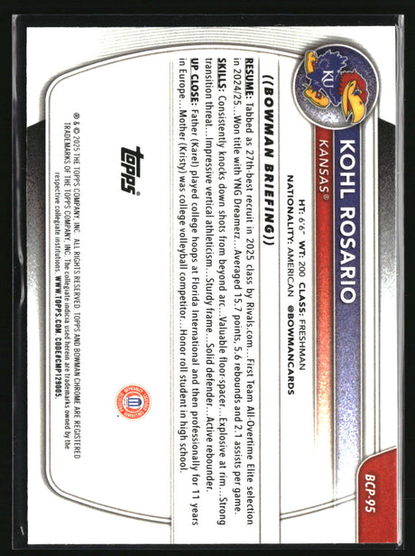 Kohl Rosario 2025-26 Bowman Chrome Prospects Mini-Diamond Refractor #BCP-95