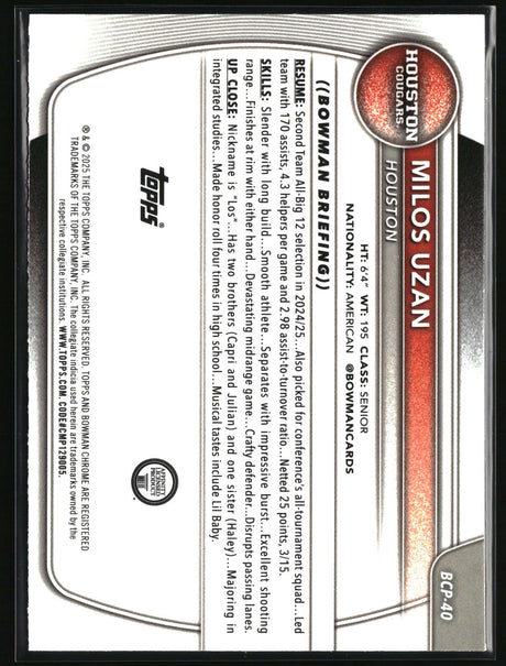 Milos Uzan 2025-26 Bowman Chrome Prospects Reptilian Refractor #BCP-40