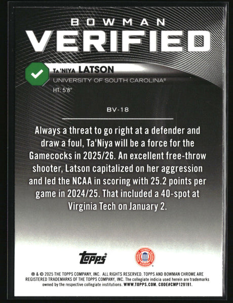 Ta'Niya Latson 2025-26 Bowman Bowman Verified #BV-18