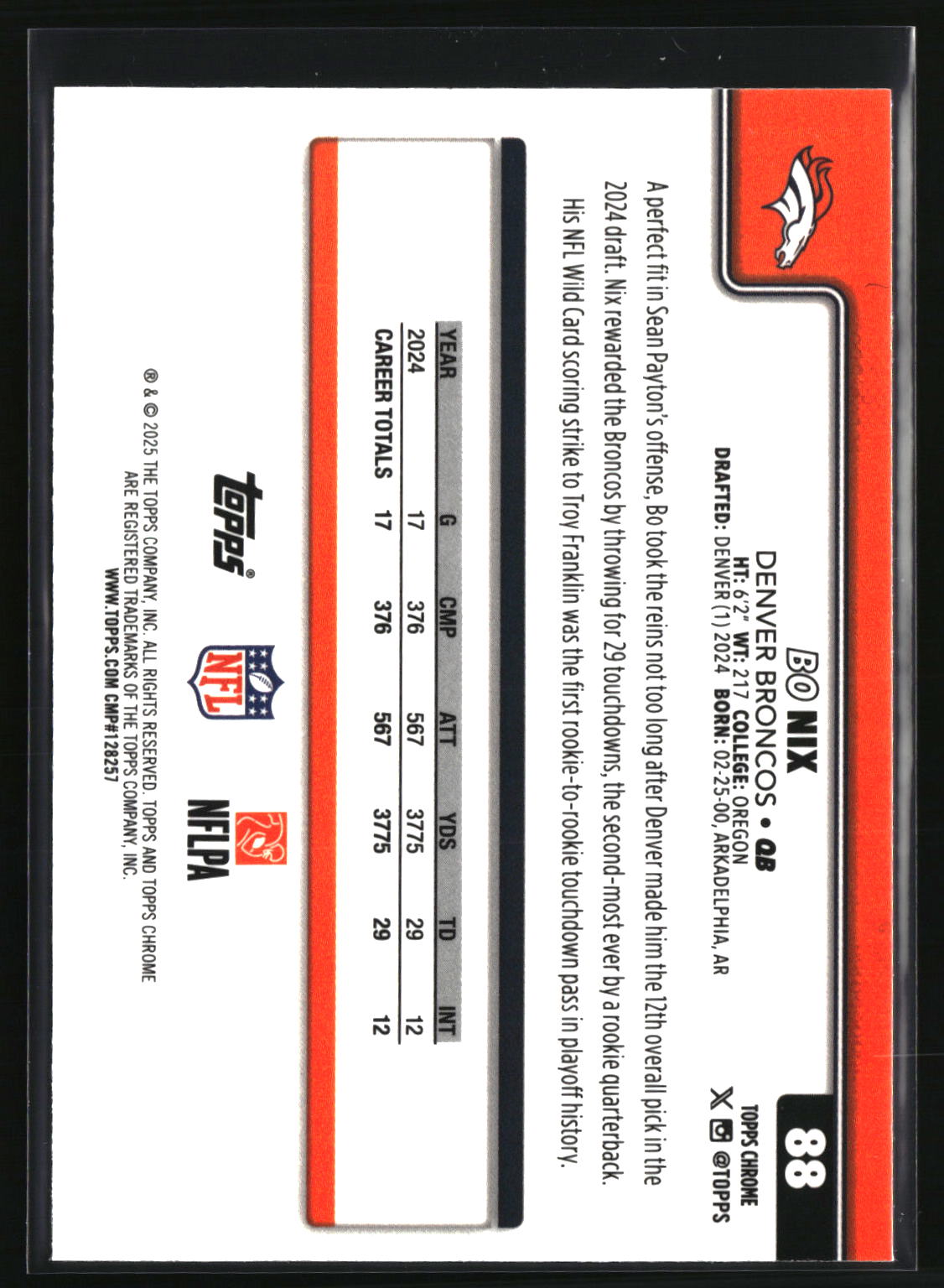 Bo Nix 2025 Topps Chrome Aqua Wave Refractor #88 #/199