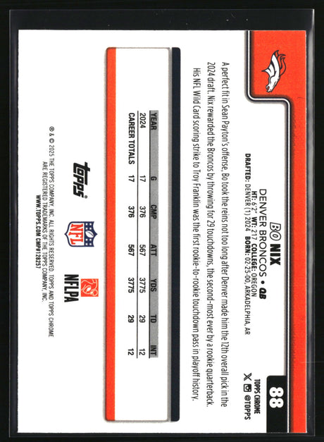Bo Nix 2025 Topps Chrome Aqua Wave Refractor #88 #/199