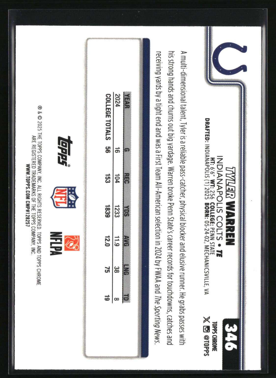 Tyler Warren 2025 Topps Chrome Blue Wave Refractor #346 #/150