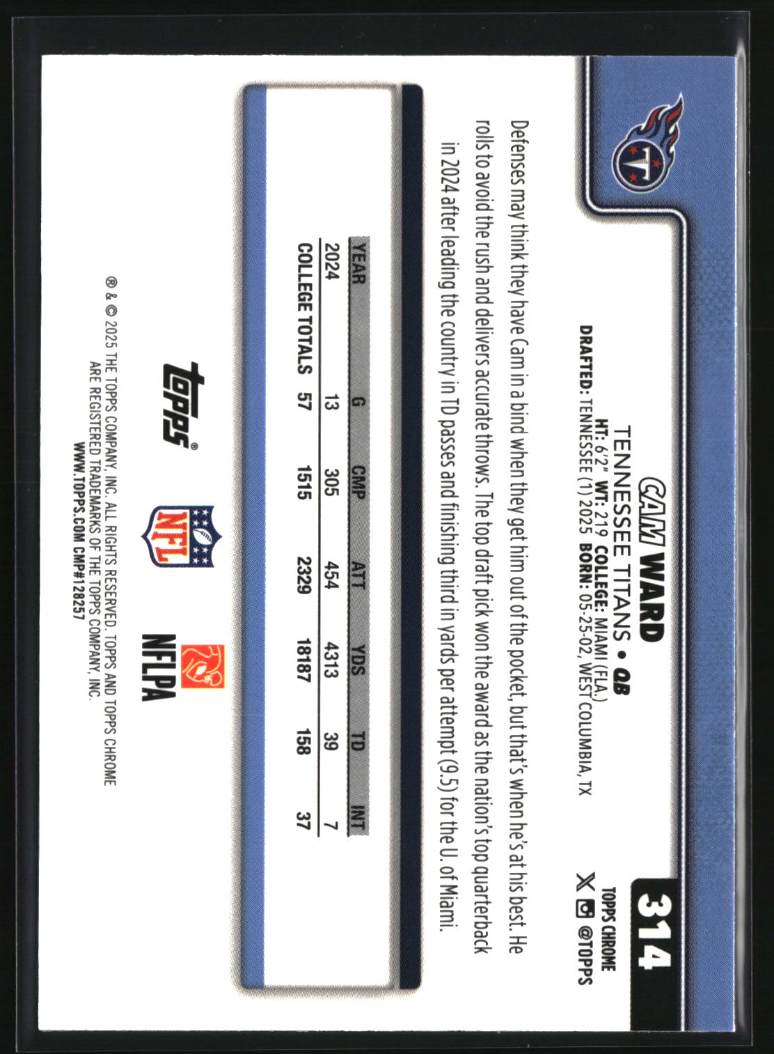 Cam Ward 2025 Topps Chrome Red White and Blue Refractor #314