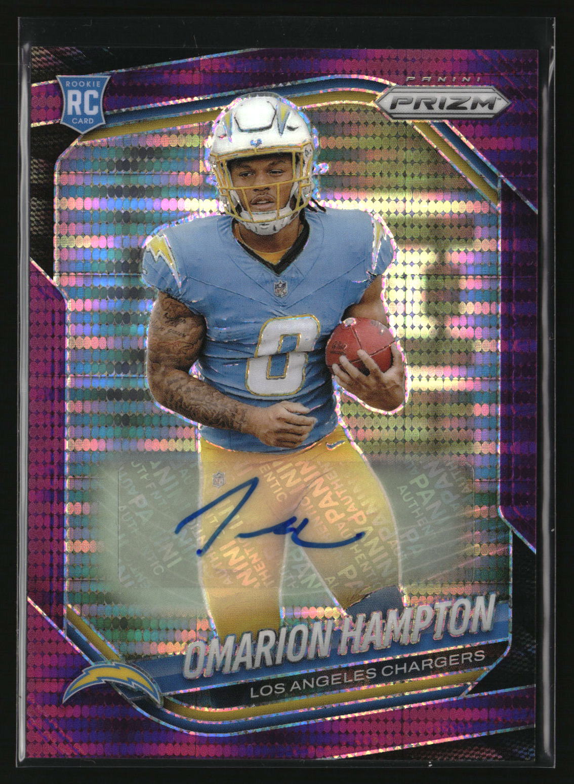 Omarion Hampton 2025 Panini Prizm Prizm Rookie Autographs Purple Pulsar #355