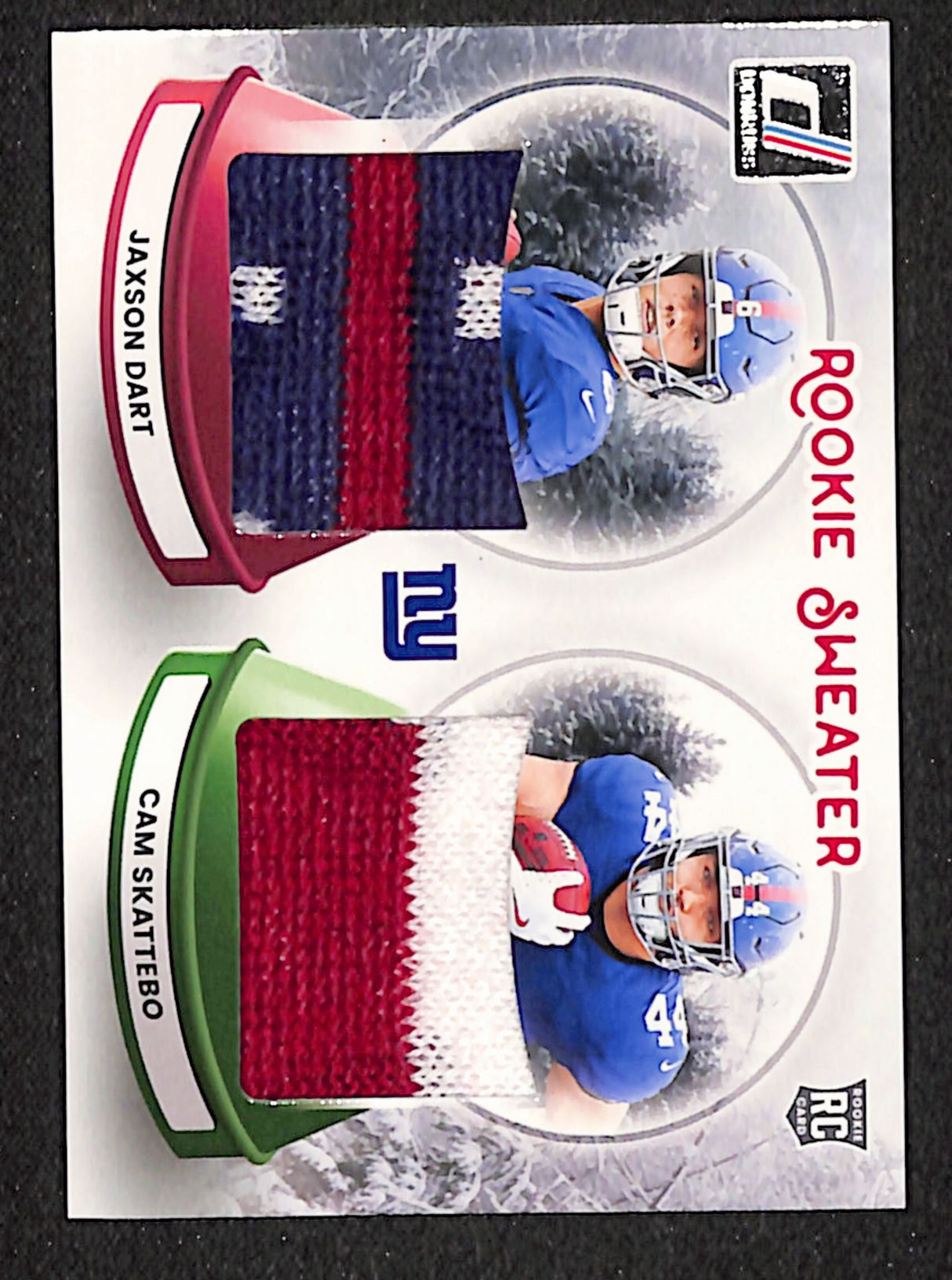 Cam Skattebo / Jaxson Dart 2025 Donruss Rookie Holiday Sweater Dual #SWED-NYG