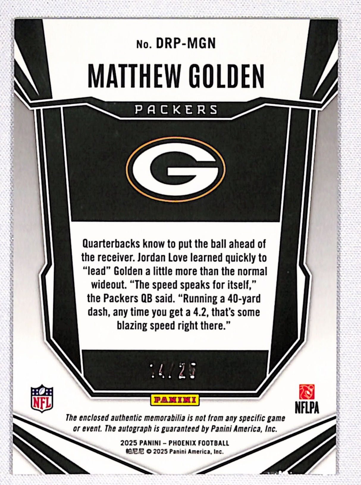 Matthew Golden 2025 Phoenix RPS Dual Rookie Patch Autographs Green #DRP-MGN #/25