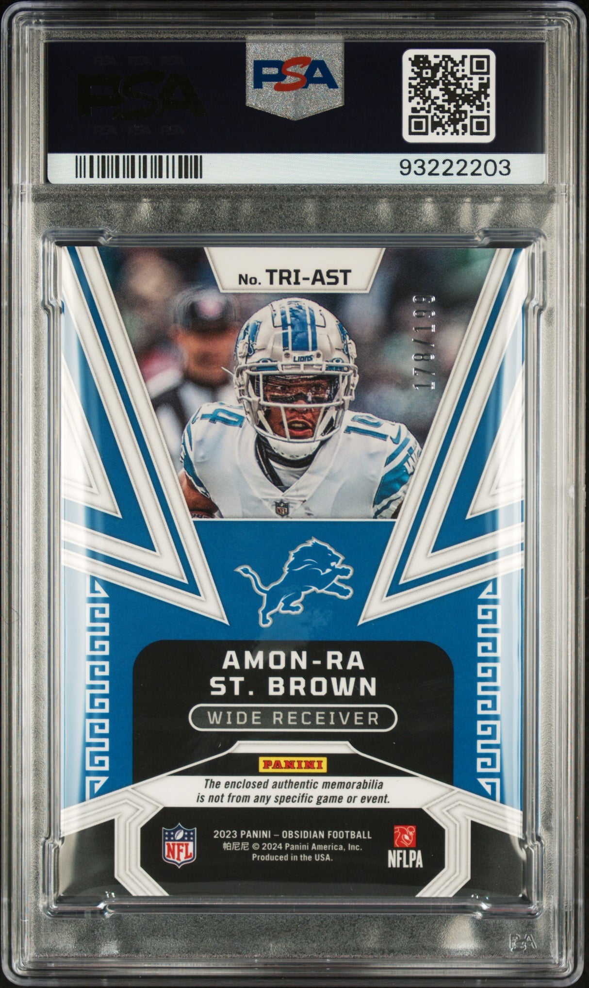 Amon-Ra St. Brown 2023 Panini Obsidian Trifecta Swatches #TRI-AST #/199 PSA 8