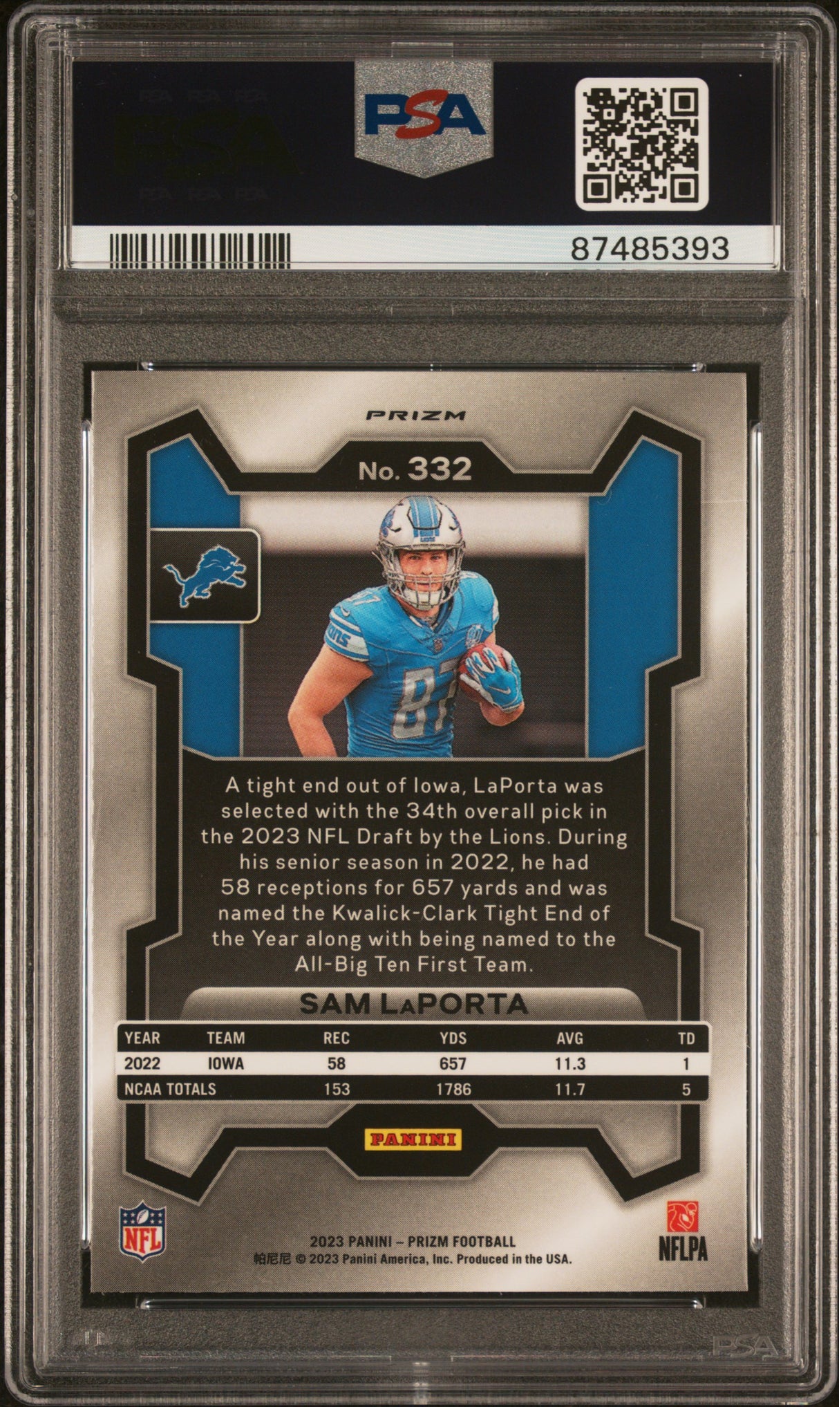 Sam LaPorta 2023 Panini Prizm Green #332 PSA 10