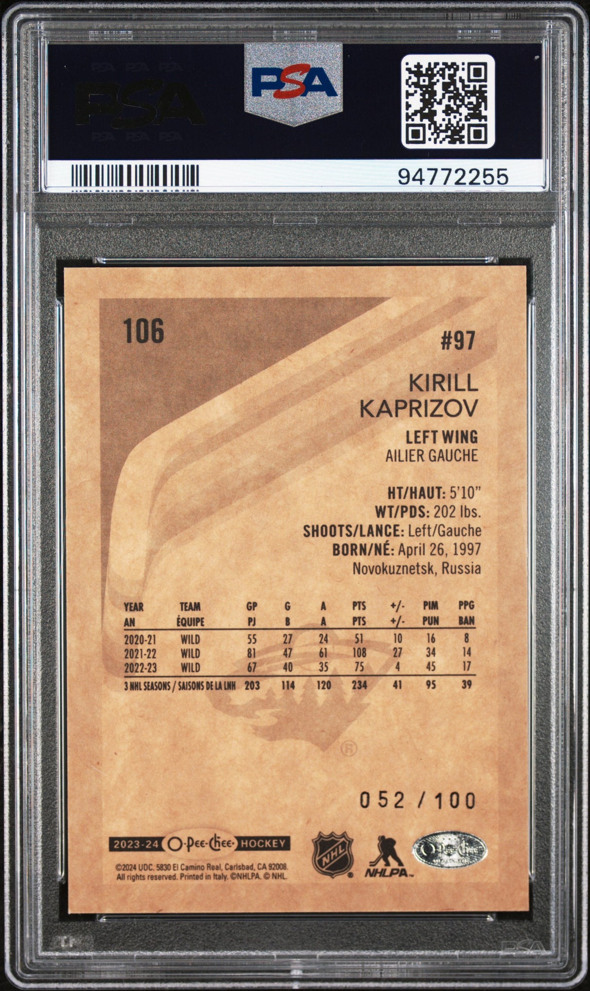 Kirill Kaprizov 2023-24 O-Pee-Chee Retro Black Border #106 #/100 PSA 8