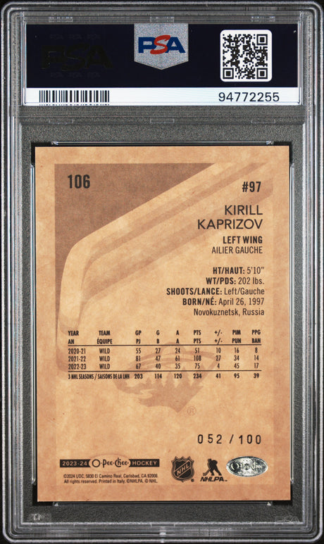 Kirill Kaprizov 2023-24 O-Pee-Chee Retro Black Border #106 #/100 PSA 8