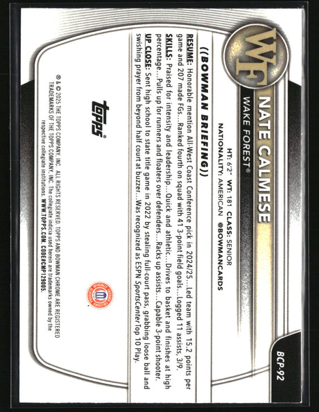 Nate Calmese 2025-26 Bowman Chrome Prospects Reptilian Refractor #BCP-92