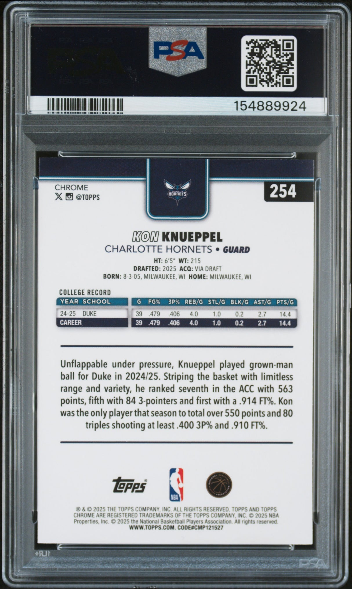 Kon Knueppel 2025-26 Topps Chrome Basketball Refractor #254 PSA 9