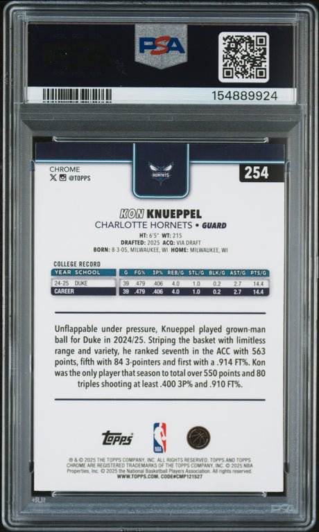 Kon Knueppel 2025-26 Topps Chrome Basketball Refractor #254 PSA 9