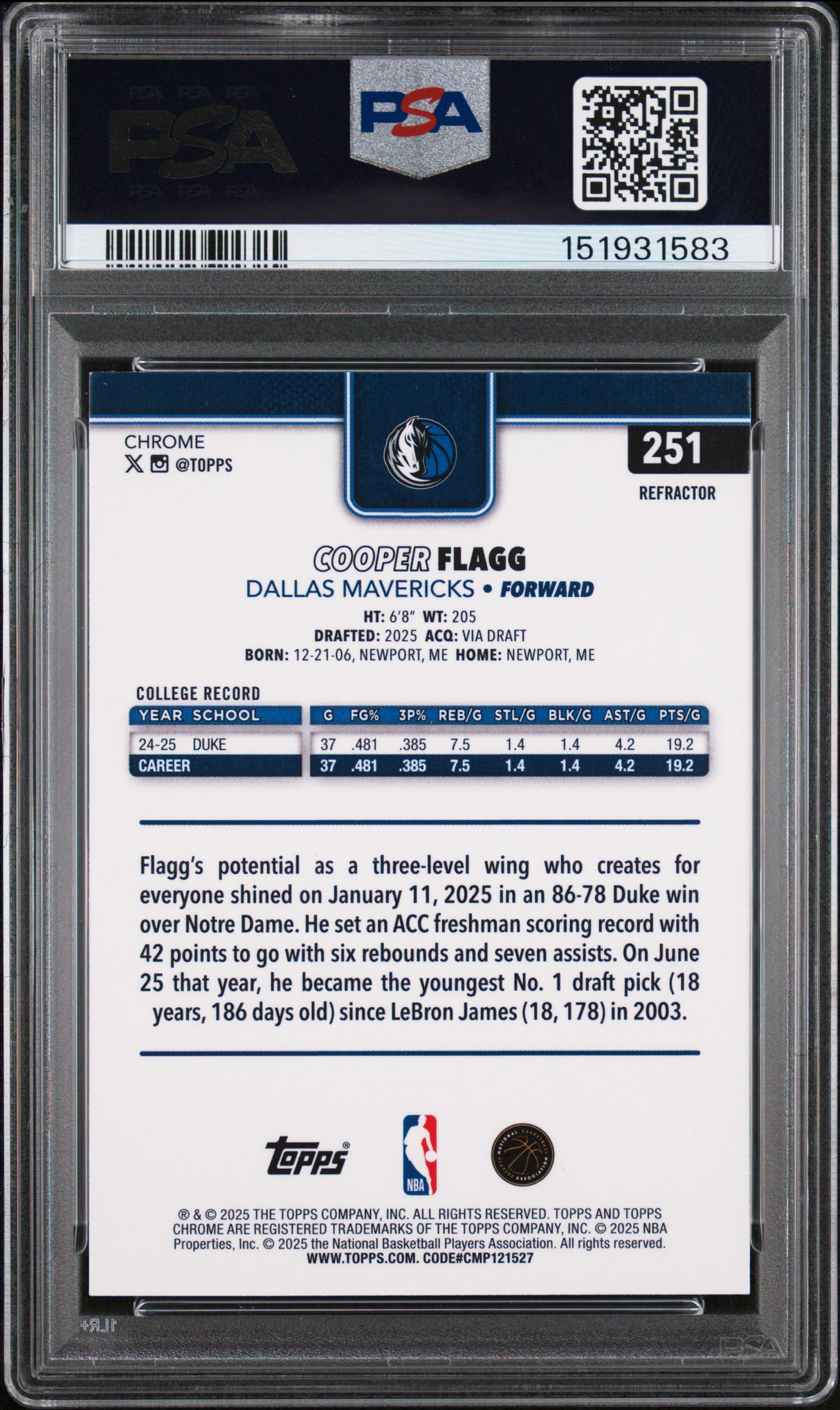 Cooper Flagg 2025-26 Topps Chrome Refractor #251 PSA 9