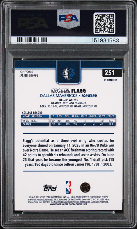 Cooper Flagg 2025-26 Topps Chrome Refractor #251 PSA 9
