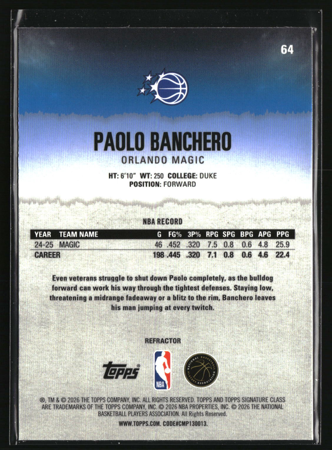 Paolo Banchero 2025-26 Topps Signature Class Chrome Refractors #64