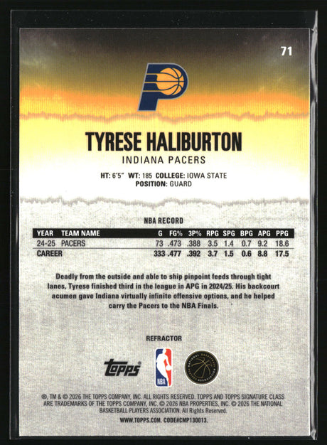 Tyrese Haliburton 2025-26 Topps Signature Class Chrome Refractors #71