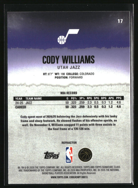 Cody Williams 2025-26 Topps Signature Class Chrome Refractors #17