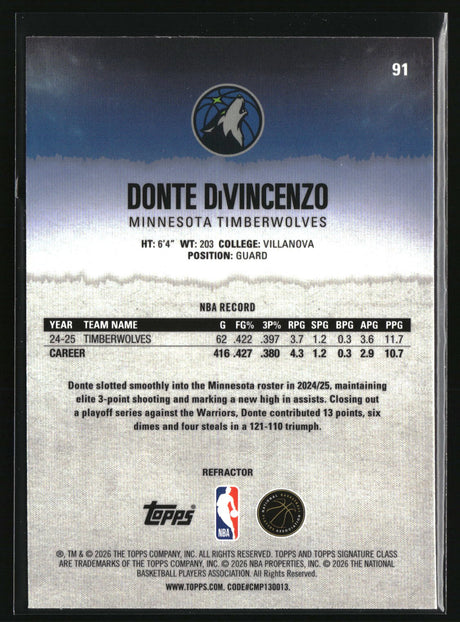 Donte DiVincenzo 2025-26 Topps Signature Class Chrome Refractors #91
