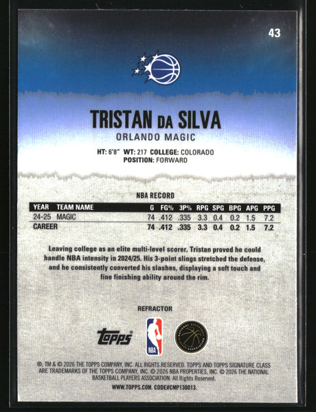 Tristan da Silva 2025-26 Topps Signature Class Chrome Refractors #43