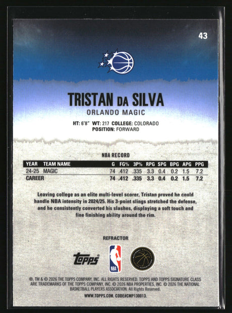 Tristan da Silva 2025-26 Topps Signature Class Chrome Refractors #43