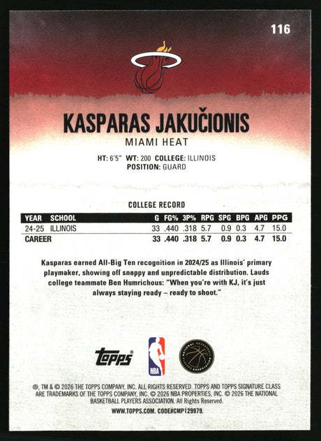 Kasparas Jakučionis 2025-26 Topps Signature Class #116