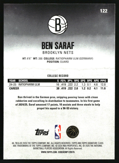 Ben Saraf 2025-26 Topps Signature Class #122