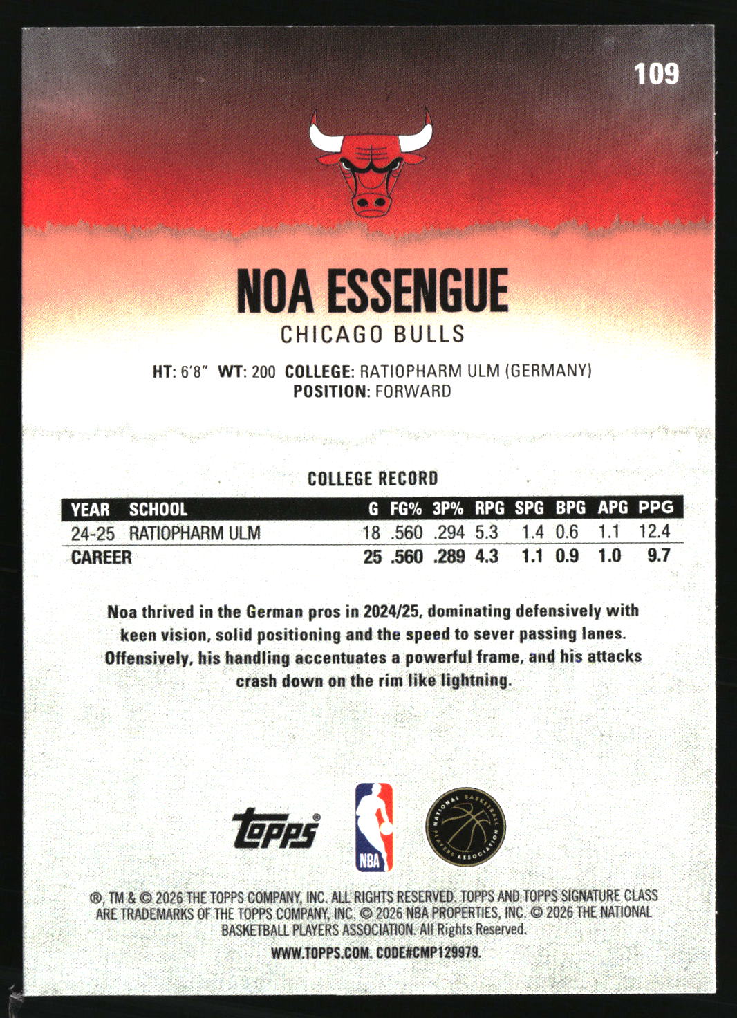 Noa Essengue 2025-26 Topps Signature Class #109