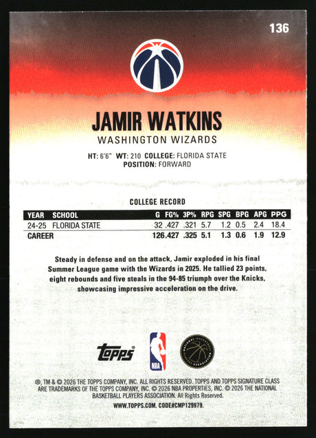 Jamir Watkins 2025-26 Topps Signature Class #136