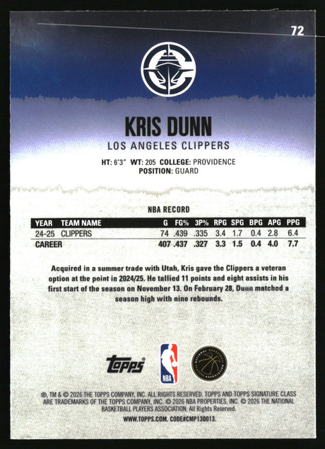 Kris Dunn 2025-26 Topps Signature Class Chrome #72