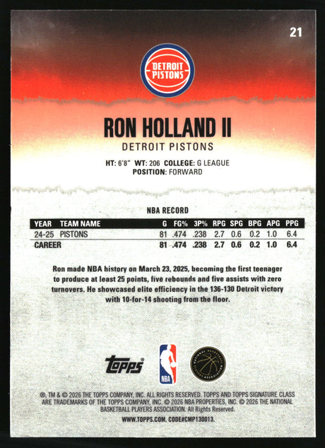 Ron Holland II 2025-26 Topps Signature Class Chrome #21