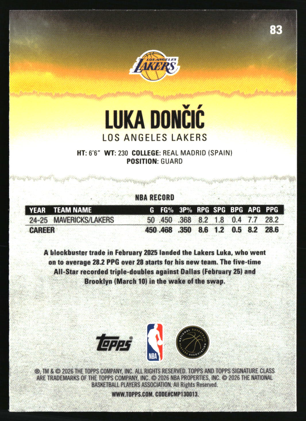 Luka Dončić 2025-26 Topps Signature Class Chrome #83