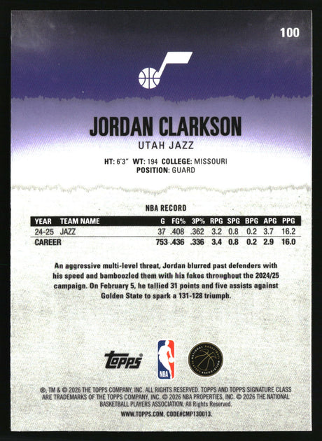 Jordan Clarkson 2025-26 Topps Signature Class Chrome #100