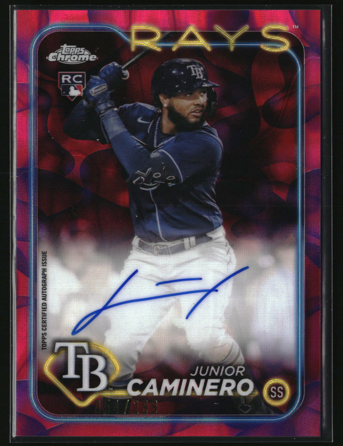 Junior Caminero 2024 Topps Chrome Rookie Auto Magenta/Purple Lava #RA-JCA #/299