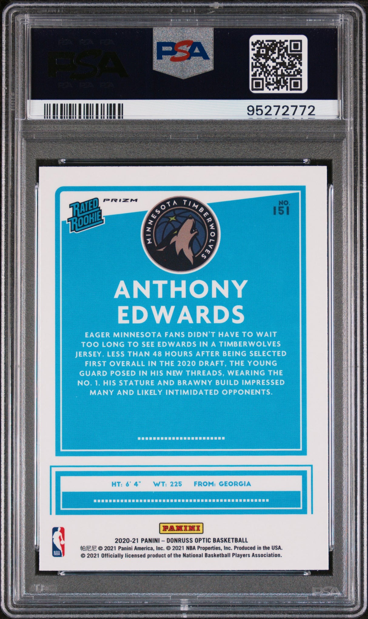 Anthony Edwards 2020-21 Donruss Optic Blue Velocity #151 PSA 10