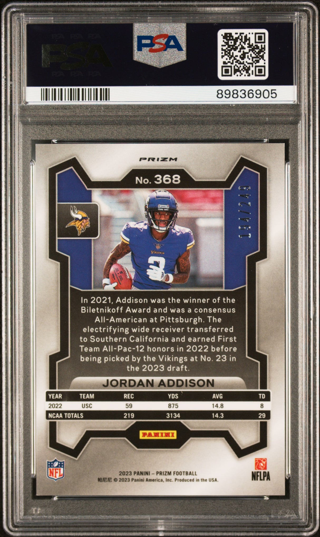 Jordan Addison 2023 Panini Prizm Orange #368 #/249 PSA 10