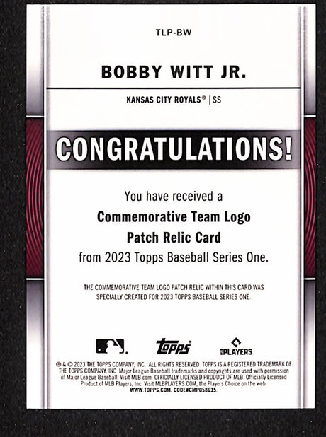 Bobby Witt Jr. 2023 Topps Commemorative Team Logo Patches #TLP-BW