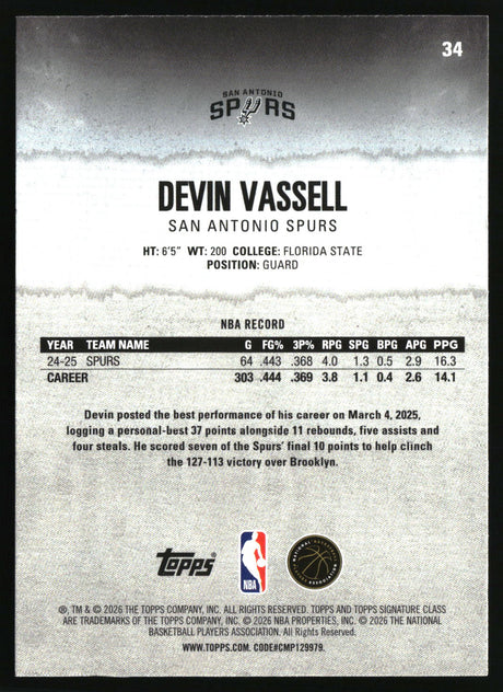 Devin Vassell 2025-26 Topps Signature Class #34