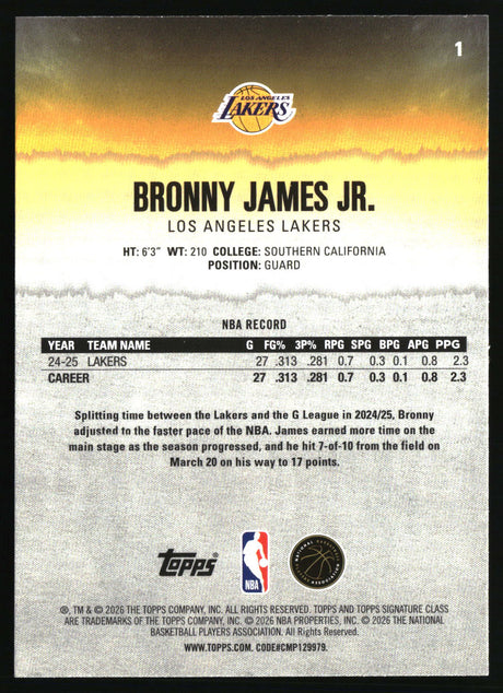 Bronny James Jr. 2025-26 Topps Signature Class #1