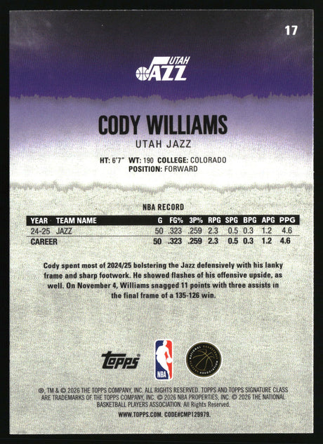 Cody Williams 2025-26 Topps Signature Class #17