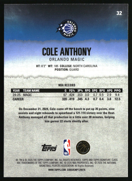 Cole Anthony 2025-26 Topps Signature Class #32