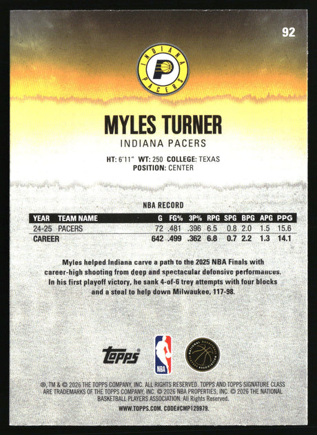 Myles Turner 2025-26 Topps Signature Class #92