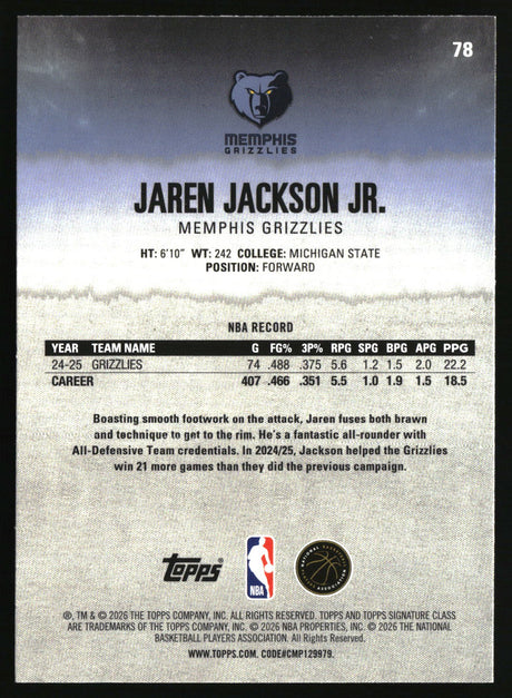 Jaren Jackson Jr. 2025-26 Topps Signature Class #78