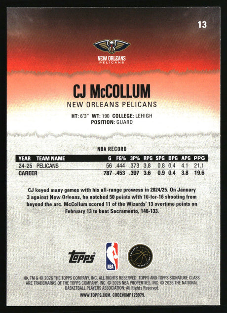 CJ McCollum 2025-26 Topps Signature Class #13